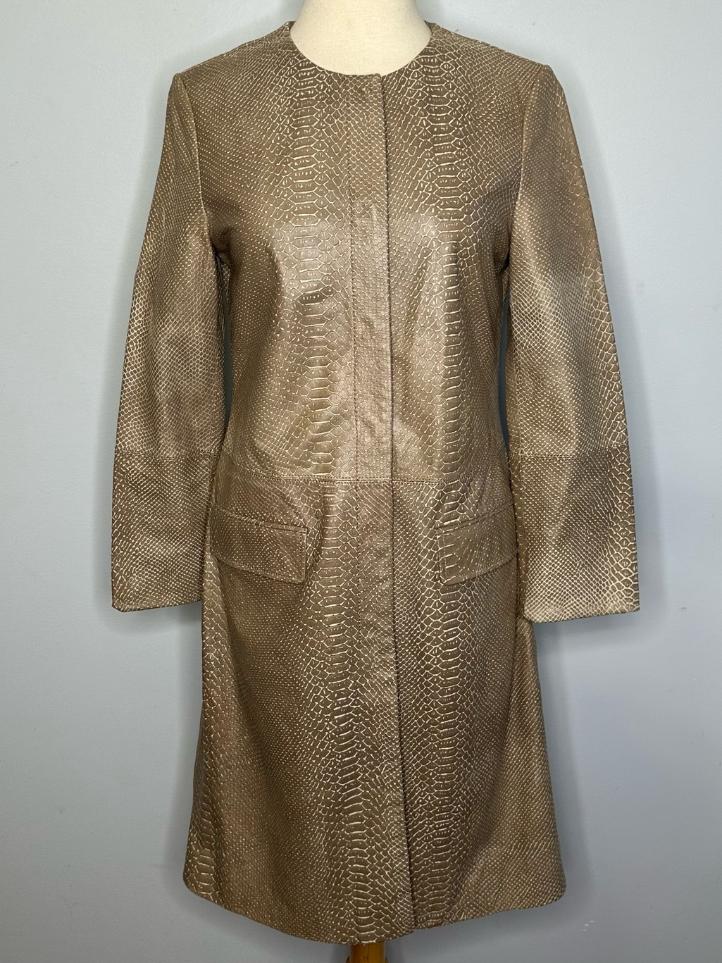 Bcbgmaxazria Beige Python Snake Skin Embossed Leather Long Jacket Coat